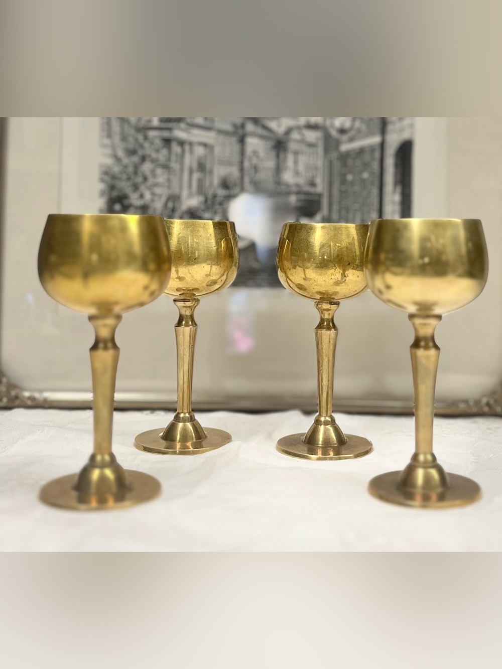 Vintage Solid Brass Wine Goblet Set of 4, Retro Barware